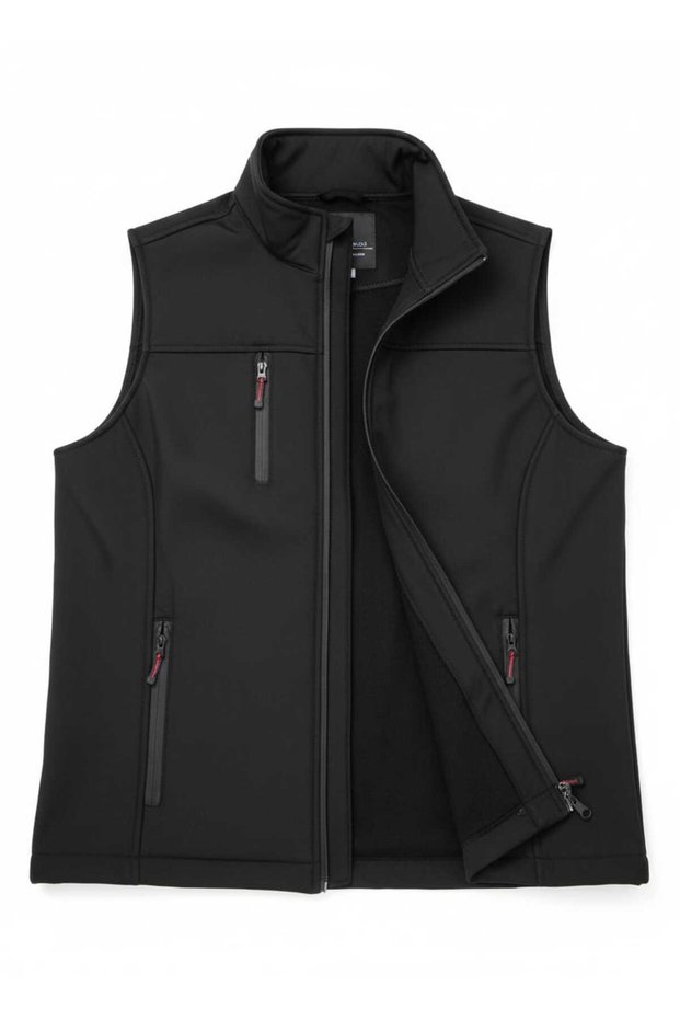 Men's Black Softshell Vest Mock Neck 3-Pocket Zipper Daily & Sports
