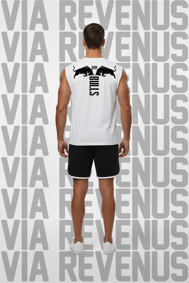 Gym Bulls Printed Black Sleeveless 100% Cotton T-Shirt and Piped Jersey Fabric Sports Shorts Combination Set