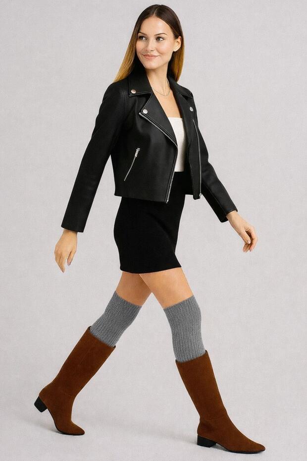 2 Çift Basic Lastikli Kalın Pamuk Karışımlı Diz Üstü Çorap - 4