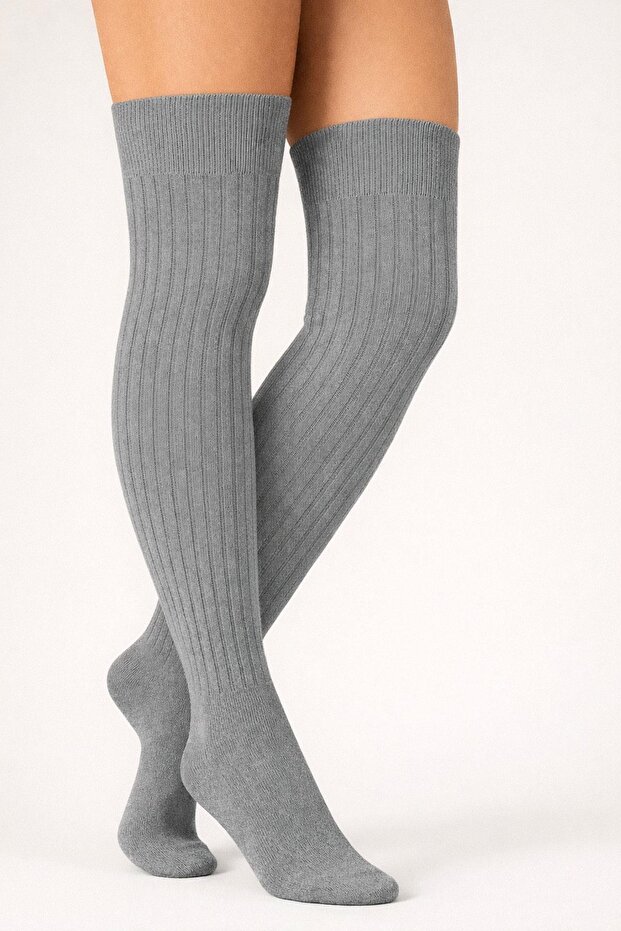 2 Çift Basic Lastikli Kalın Pamuk Karışımlı Diz Üstü Çorap - 8