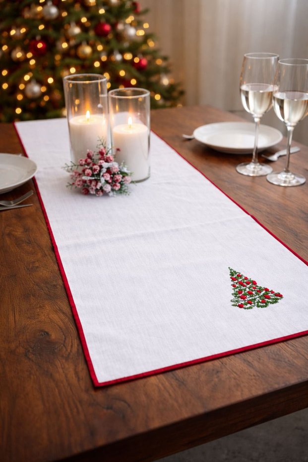 Christmas New Year Christmas Tree Patterned Embroidered Linen Runner