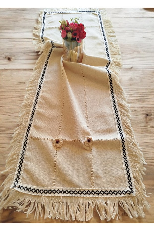 Handcrafted 3D Rose and Antique Embroidered Natural Authentic Natural Linen 50X110 cm Fringed Vintage Runner