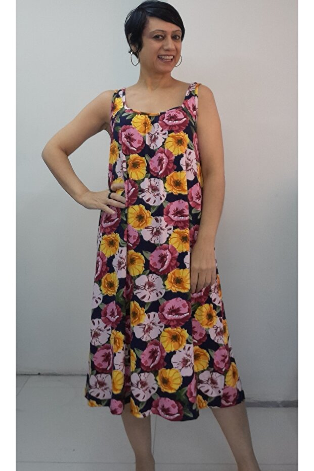 Navy Blue Yellow Pink Burgundy Floral Patterned Front and Back Gathered Strap Combed Viscose Dress