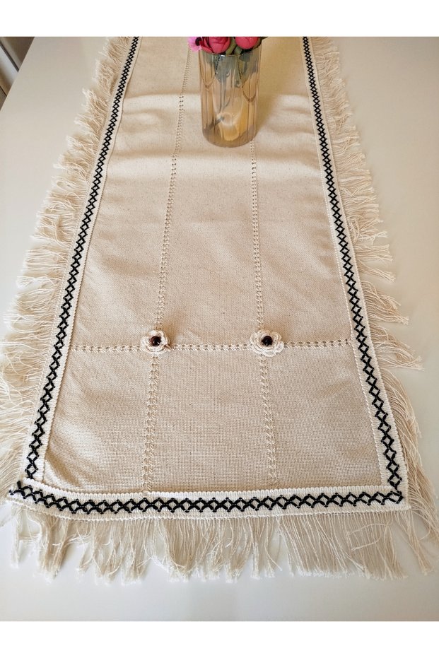 Handcrafted 3D Rose and Antique Embroidered Natural Authentic Natural Linen 50X140 cm Vintage Runner