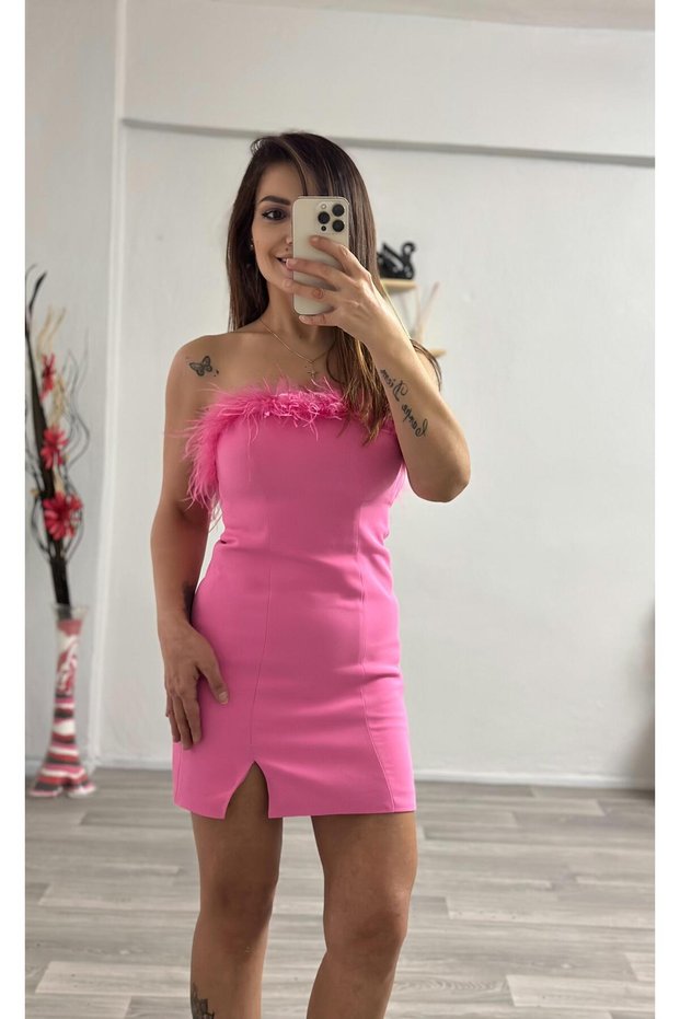 Otriş Feather Detailed Strapless Slit Mini Pink Dress