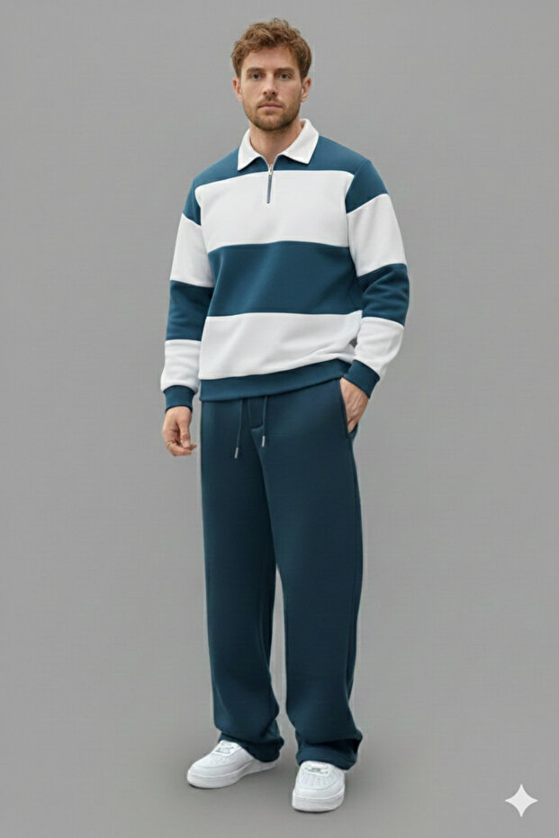 Polo Neck Oversized Baggy Tracksuit Set-Winter Thick 3-Thread Fleece-Lined Wide Leg Polo Neck-Top and Bottom Set