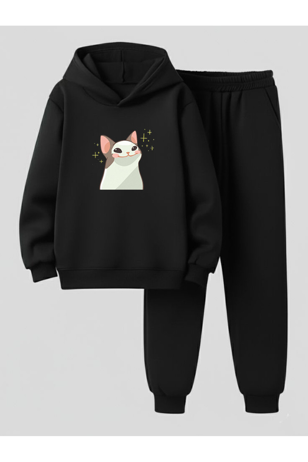 Hooded Children's Sweatshirt - Tracksuit Set Smiling Cute Cat Printed