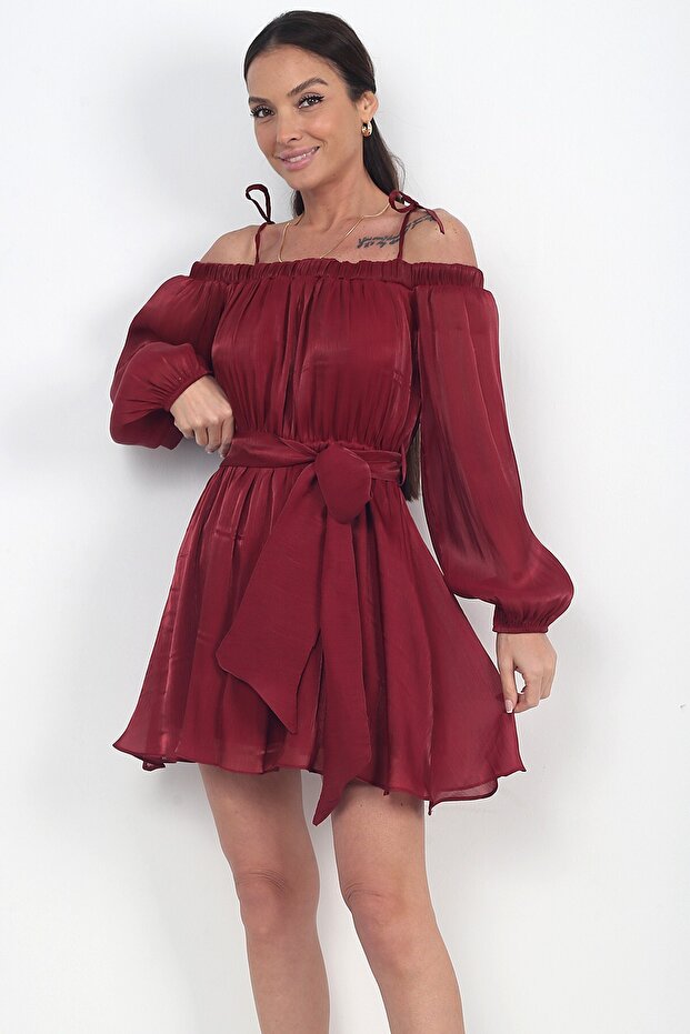 Women's Madonna Collar Shoulder Lace-Up Long Sleeve Lined Chiffon Satin Short Dress