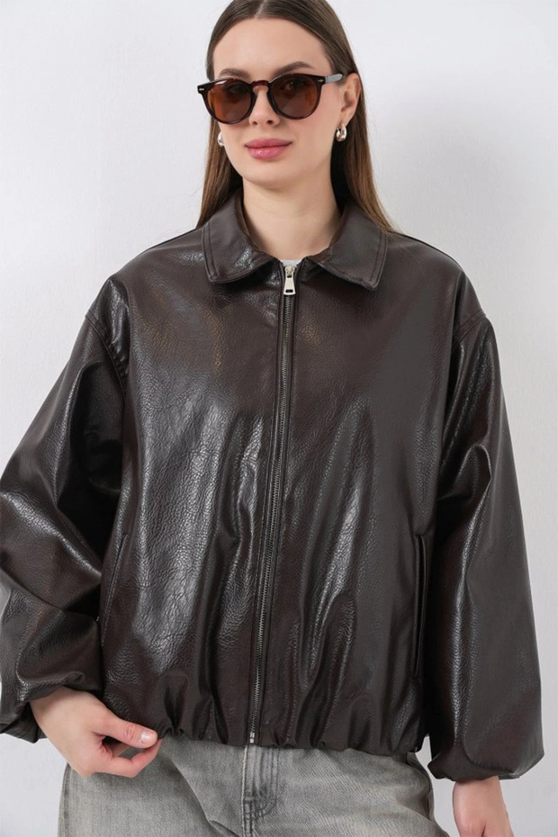 قصة فضفاضة جاكيت جلد صناعي 1049 - بني - 4