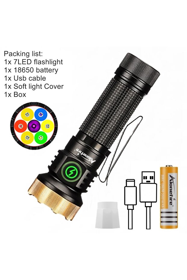 18650 Black 7xLED High Bright White Red Green Blue UV Light Multipurpose Magnet Flashlight Outdoor H