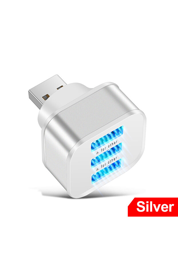 موزع USB فضي بثلاثة منافذ، موزع USB 2.0، شاحن سريع، موزع USB متعدد المنافذ، موسع USB للسيارة