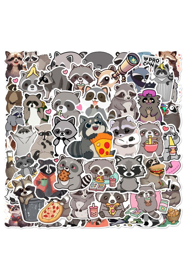 MULTICOLOR 50Pcs Cute Raccoon Stickers Rock Raccoon DIY Stickers Scrapbooking Phone Luggage Skateboa