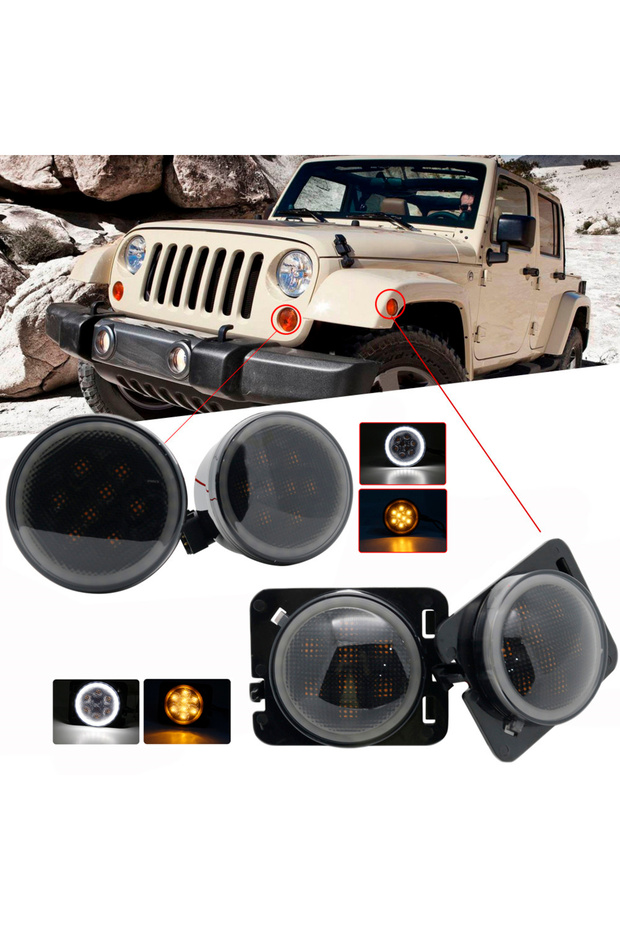 combo For Jeep Wrangler JK 2007 to 2011-2017 Front LED Turn Signal Light Assembly with White Halo Sm