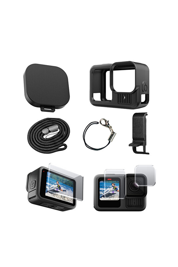 طقم أسود 2 لكاميرا GoPro Hero 13، غطاء سيليكون أسود واقٍ ناعم مع غطاء جانبي