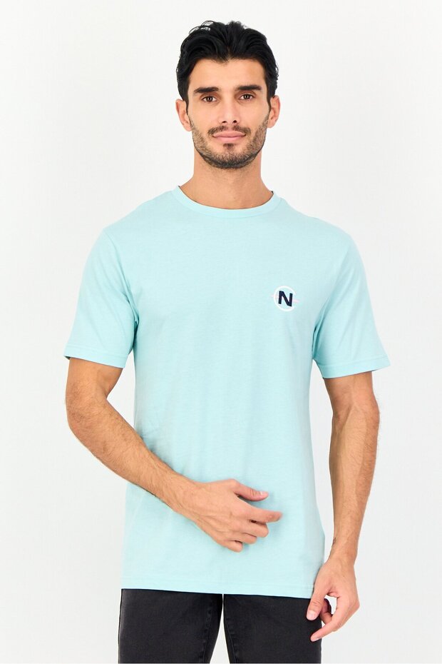 Men Crew Neck Short Sleeve Embroidered Logo T-Shirt, Turquoise