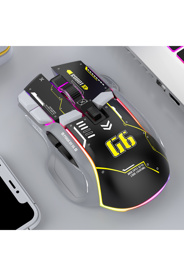 ماوس ألعاب لاسلكي ثلاثي الأوضاع 2.4 جيجا هرتز USB بلوتوث أسود اللون، مزود بـ 12 مفتاحًا وإضاءة RGB، متوافق مع نظام ويندوز