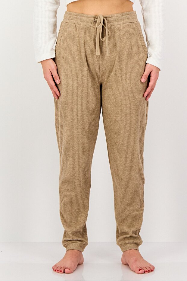 Women Regular Fit Ribbed Sleepwear Bottom, Brown