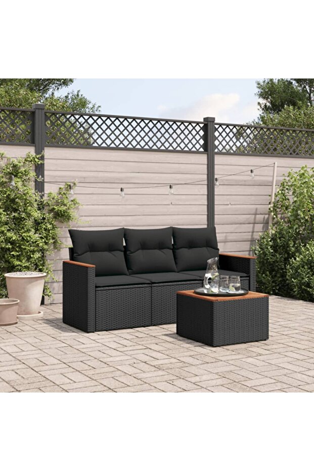 4 Piece Garden Sofa Set with Cushions Black Poly Rattan