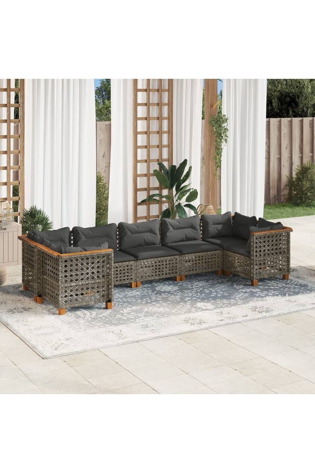7 Piece Garden Sofa Set with Cushions Grey Poly Rattan