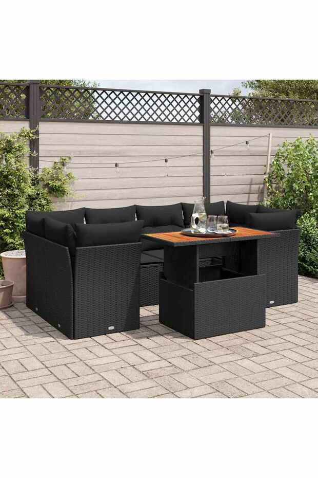 7 Piece Garden Sofa Set with Cushions Black Poly Rattan