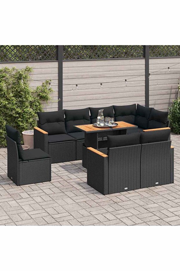 9 Piece Garden Sofa Set with Cushions Black Poly Rattan Acacia