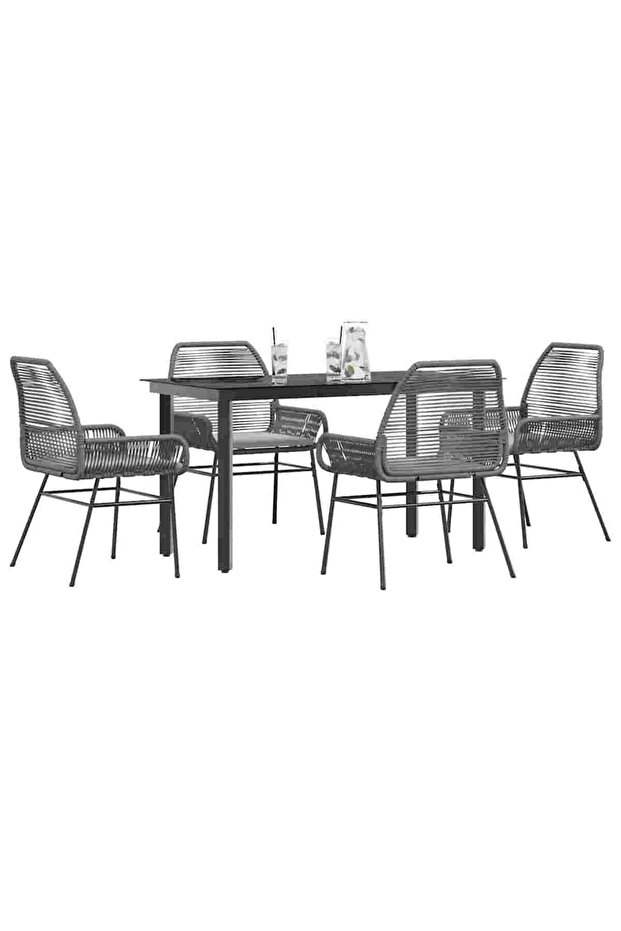 5 Piece Garden Dining Set with Cushions Grey Poly Rattan Glass
