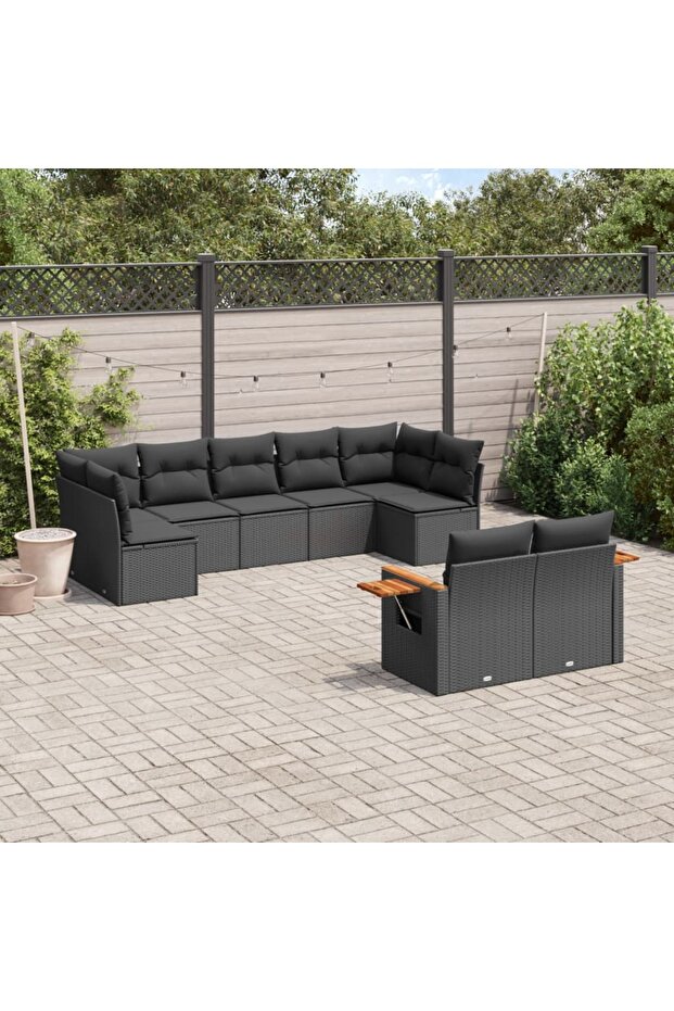9 Piece Garden Sofa Set with Cushions Black Poly Rattan