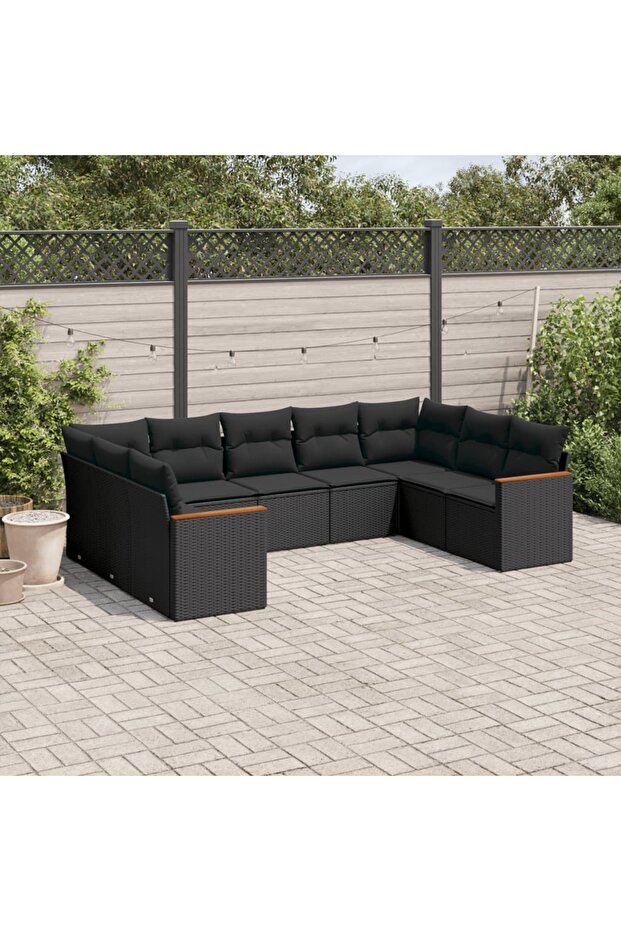 9 Piece Garden Sofa Set with Cushions Black Poly Rattan
