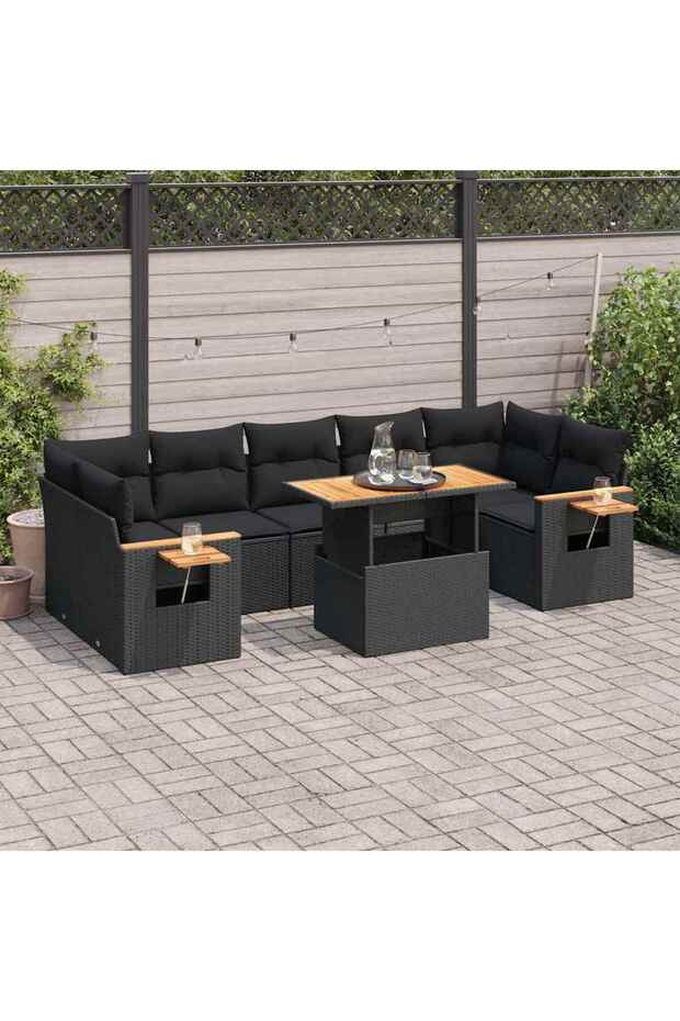 8 Piece Garden Sofa Set with Cushions Black Poly Rattan Acacia
