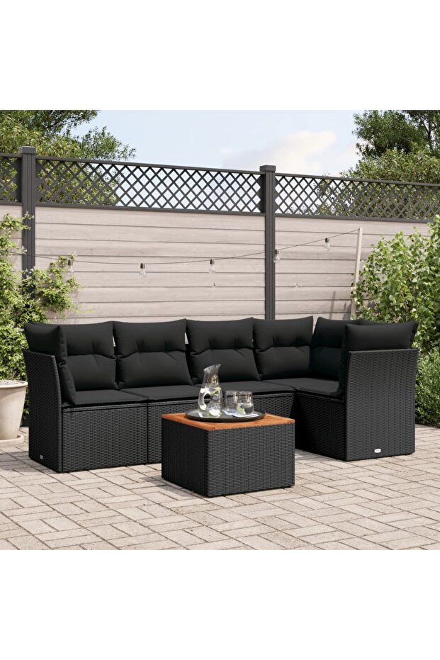 6 Piece Garden Sofa Set with Cushions Black Poly Rattan