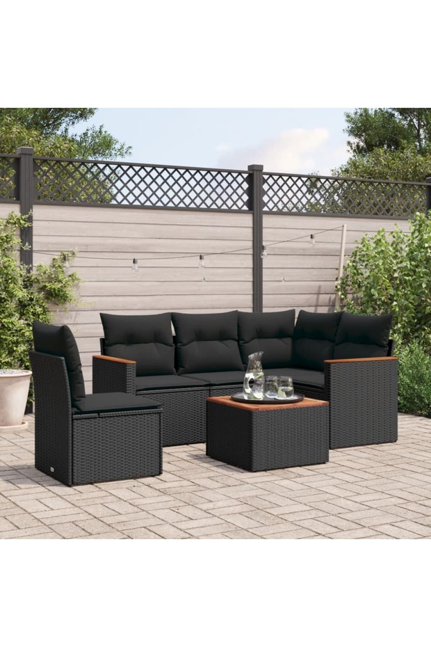 6 Piece Garden Sofa Set with Cushions Black Poly Rattan