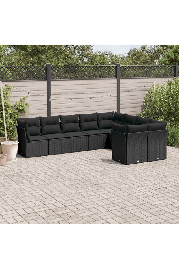 9 Piece Garden Sofa Set with Cushions Black Poly Rattan