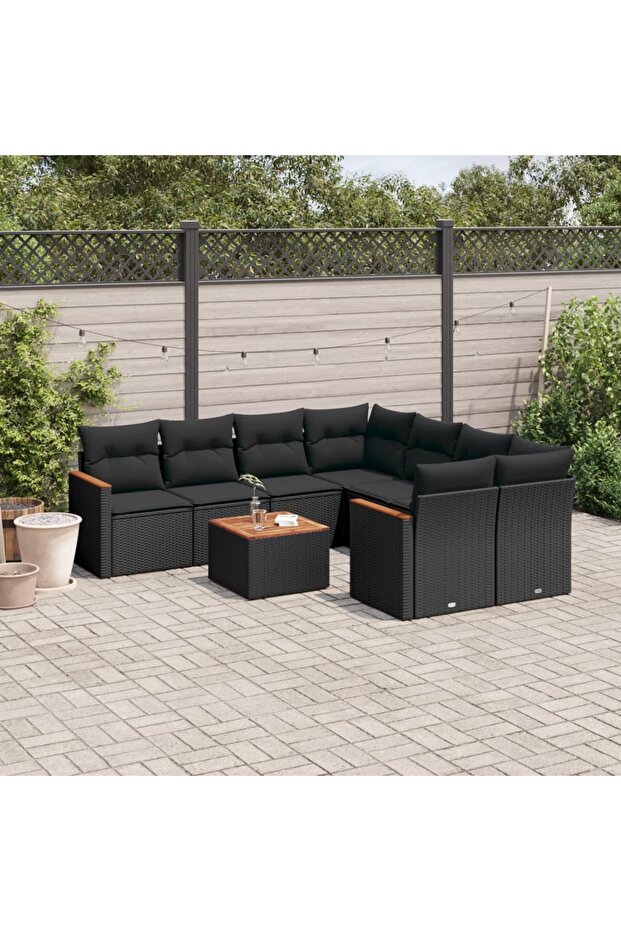 9 Piece Garden Sofa Set with Cushions Black Poly Rattan