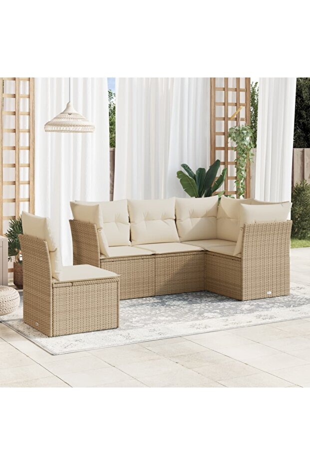 5 Piece Garden Sofa Set with Cushions Beige Poly Rattan