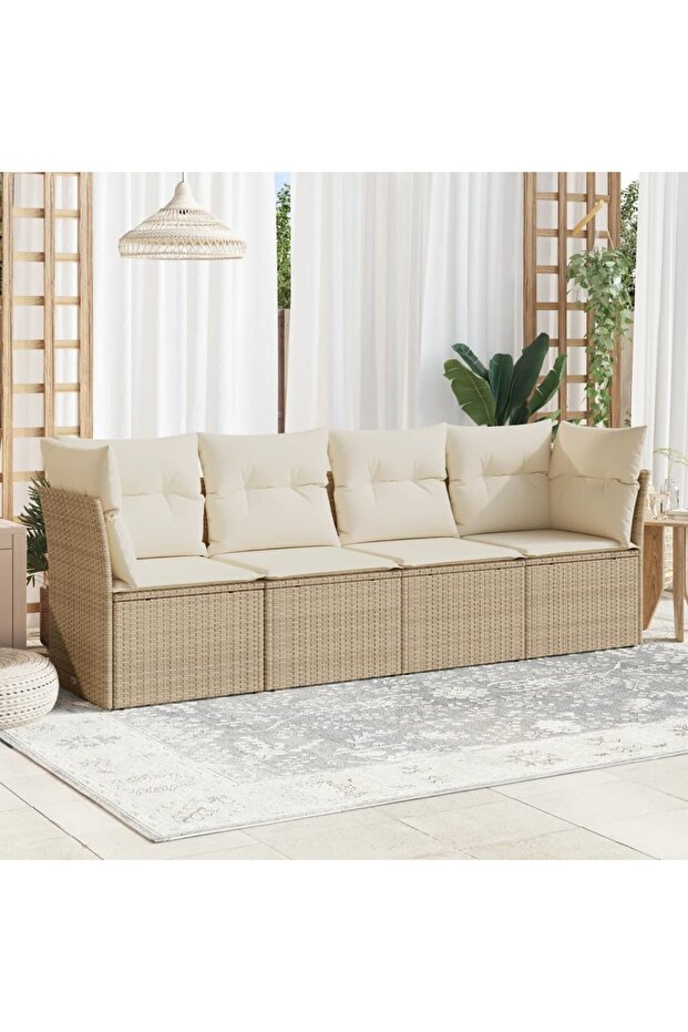 4 Piece Garden Sofa Set with Cushions Beige Poly Rattan