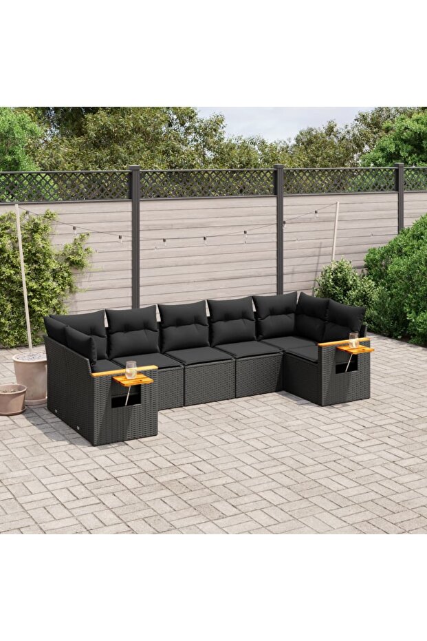 7 Piece Garden Sofa Set with Cushions Black Poly Rattan
