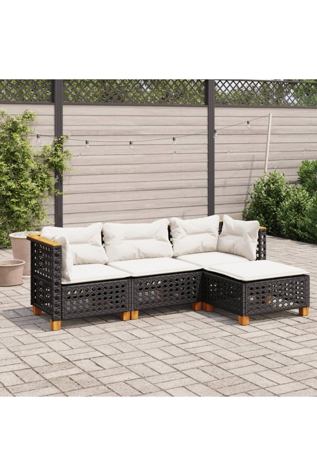 4 Piece Garden Sofa Set with Cushions Black Poly Rattan