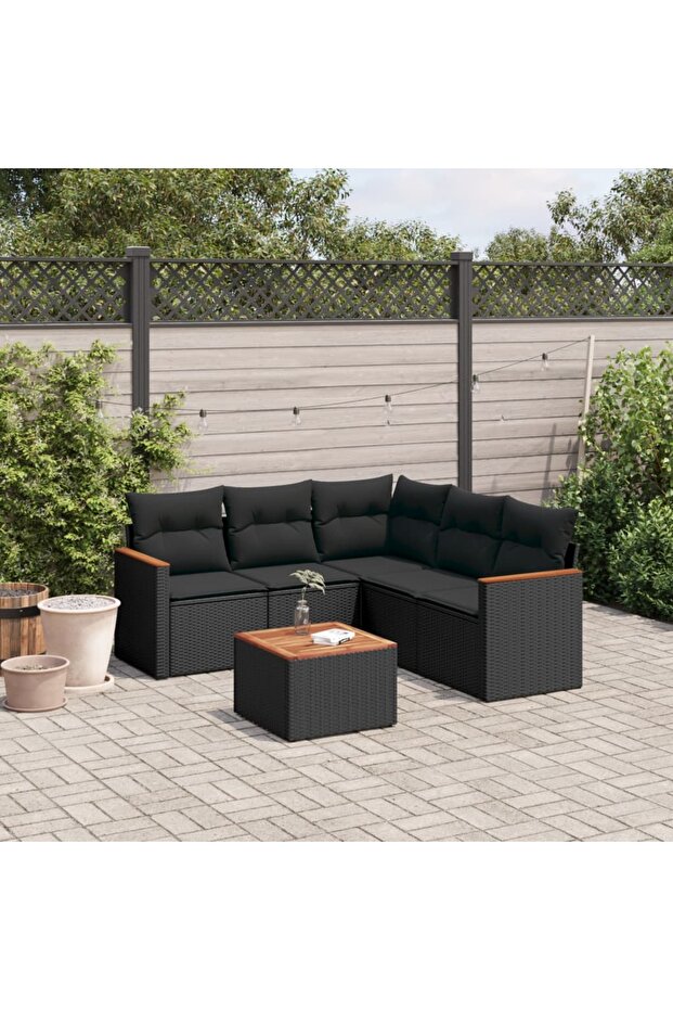 6 Piece Garden Sofa Set with Cushions Black Poly Rattan