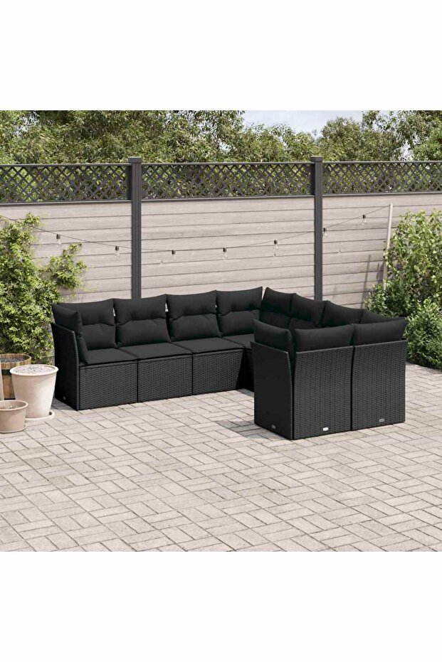 8 Piece Garden Sofa Set with Cushions Black Poly Rattan