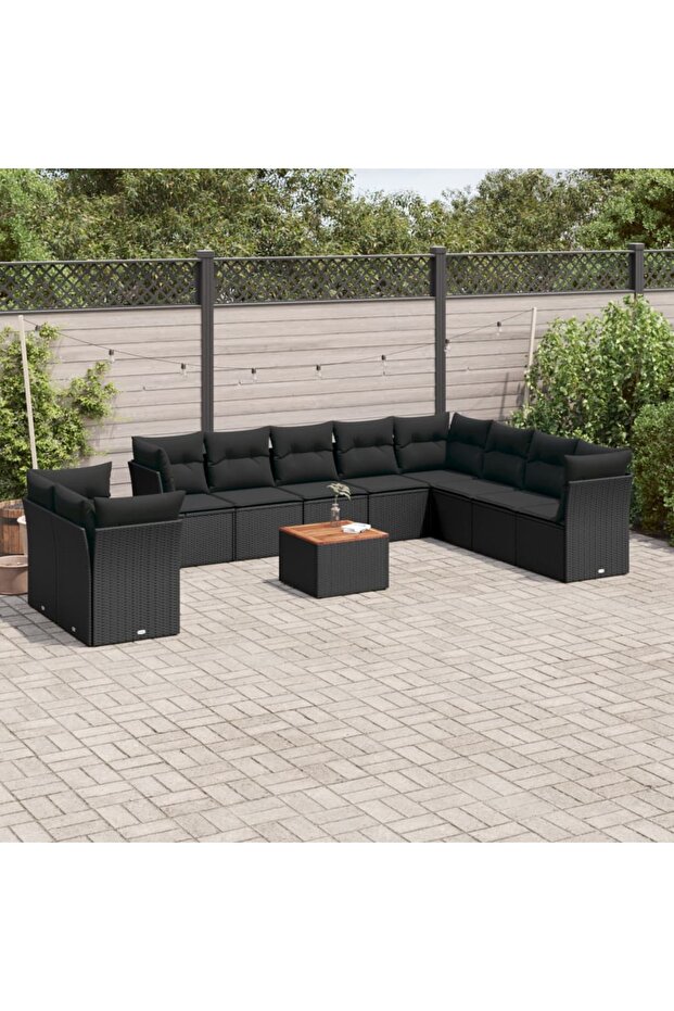 11 Piece Garden Sofa Set with Cushions Black Poly Rattan