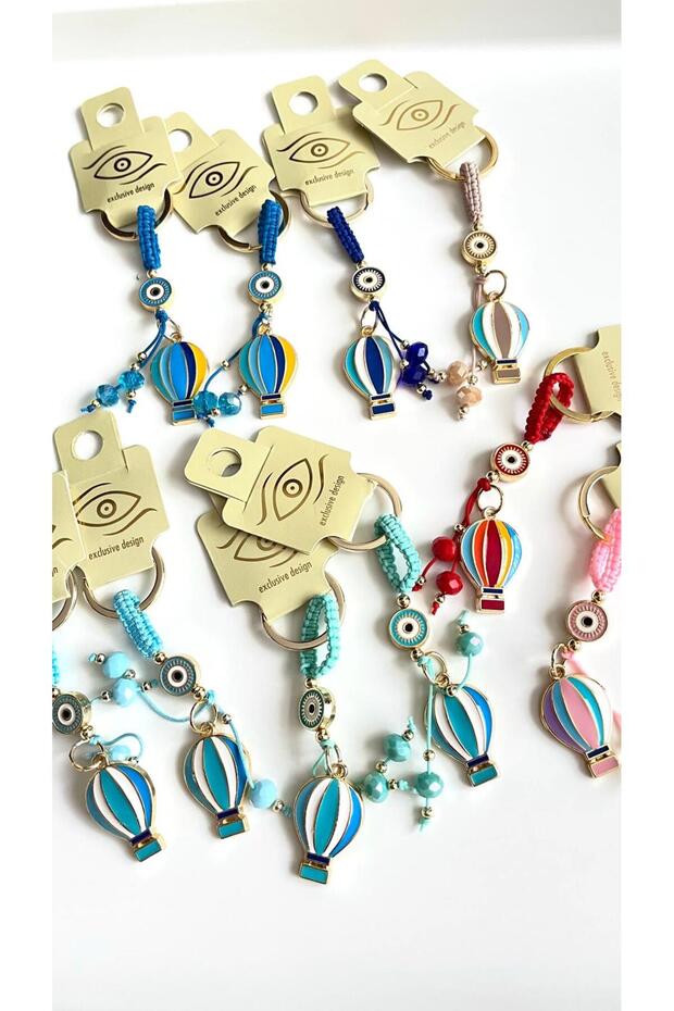 Red Colored Balloon Patterned Evil Eye Beaded Keychain - 8