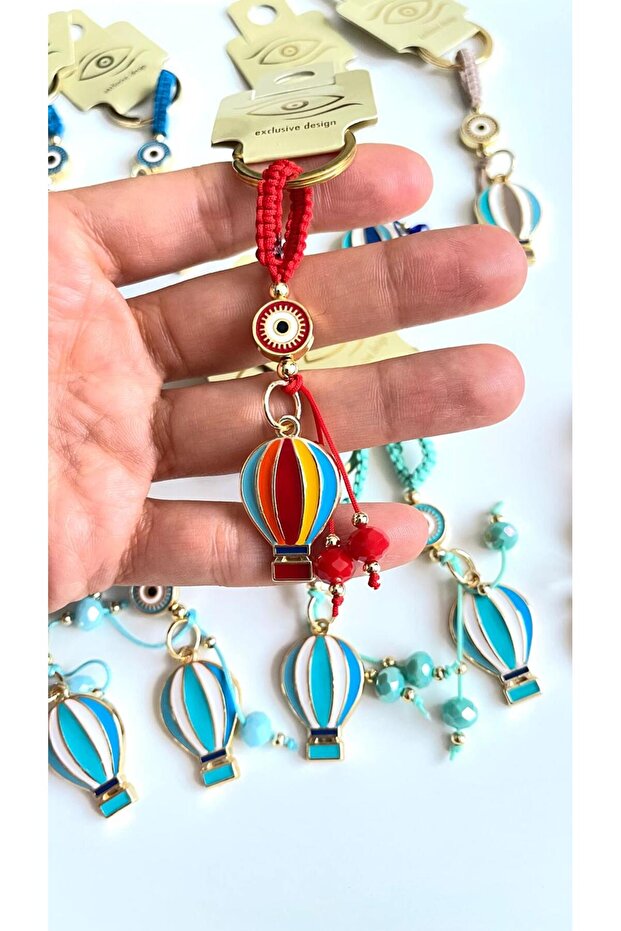 Red Colored Balloon Patterned Evil Eye Beaded Keychain - 7