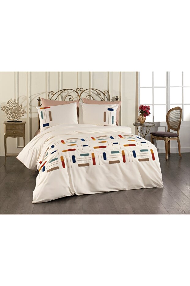 6 Piece Puff Embroidered Double Duvet Cover Set and Dowry Set 100% Cotton