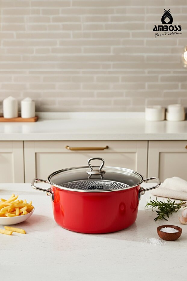Crispella 22 cm Enamel Frying Pan with Glass Lid - Red