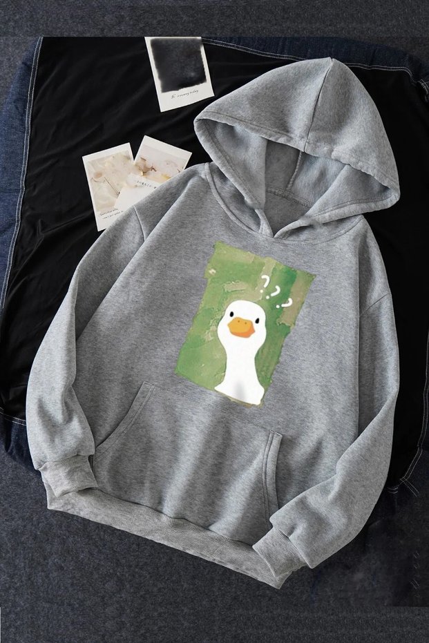 Unisex Duck Printed Hooded Gray Sweatshirt Hoodie with Kangaroo Pocket