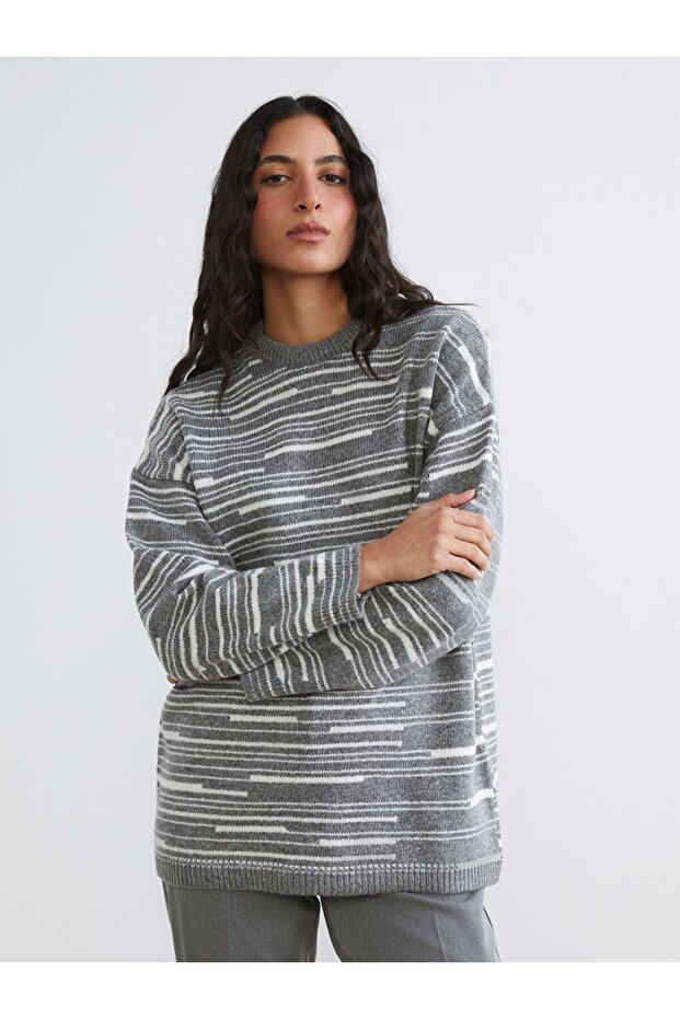 Lcw Modest Gray Crew Neck Striped Oversize Women's Knitwear Sweater