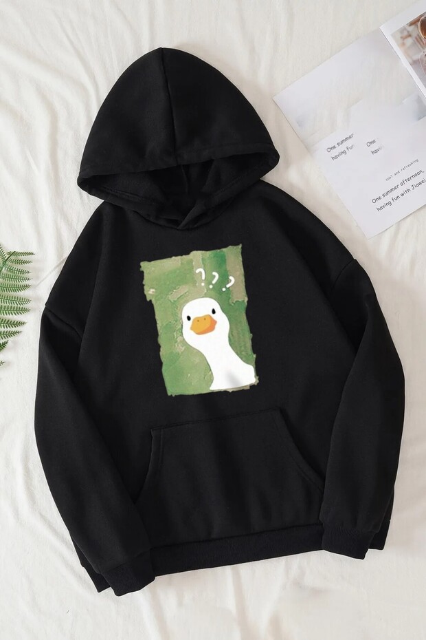 Unisex Duck Printed Hooded Black Sweatshirt Hoodie with Kangaroo Pocket