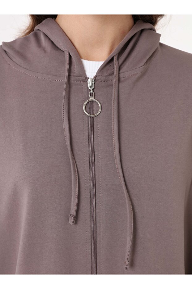 Basic Fermuarlı Kapüşonlu Sweatshirt - Vizon Kahve - - 4