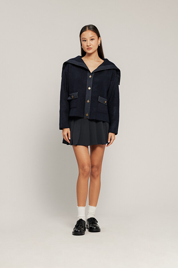 Mendeli Collar Jeans-Decorated Knitwear Cardigan