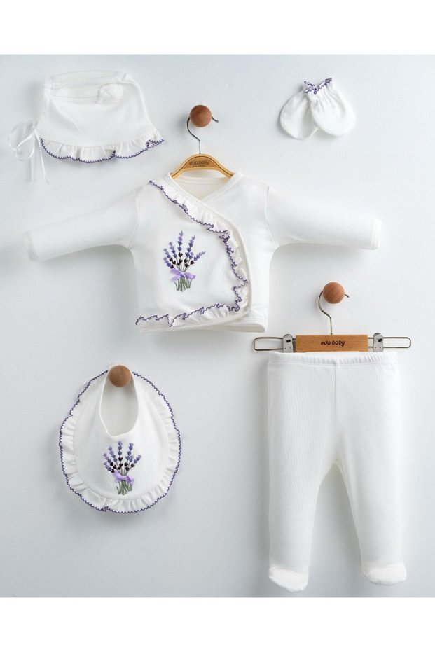Lavender Embroidered 100% Cotton Set of 5 Hospital Discharge Items - with Hair Band Gift